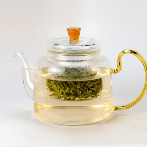 Large Amber Handle Glass Teapot with Glass Strainer